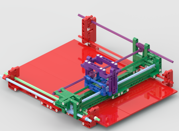 image of the lego creation. Looks like a 3d printer with 2 sliders.