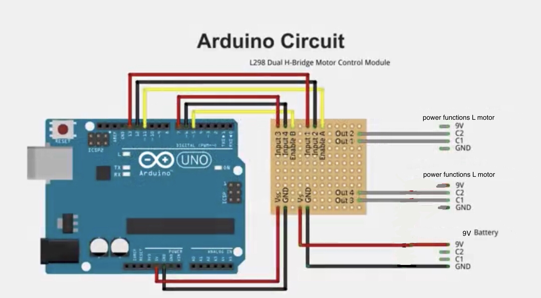 An arduino uno connected to a motor driver.