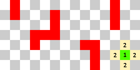 There is now a number 1 on green cube and a number 2 on the squares next to it.